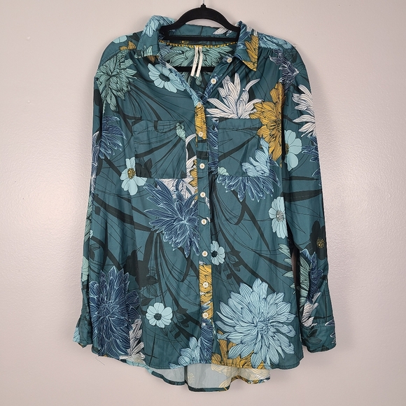 Anthropologie Tops - Anthropologie Teal  Floral Pattern Brielle Button Down Long Sleeve Blouse 1x